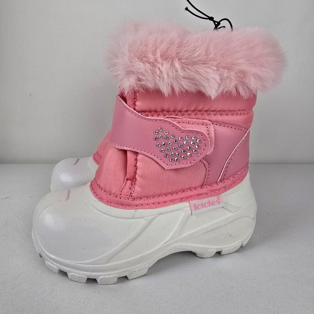 Icicles Pink Fur Trimmed Rhinestone Ice Heart Winter Boots Size 8
